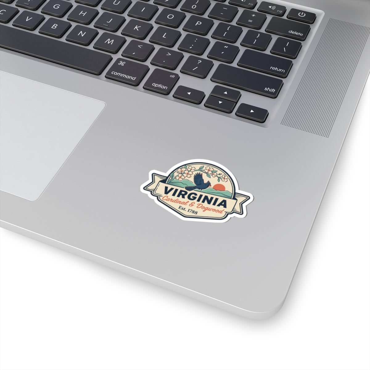 Virginia state badge vinyl sticker with cardinal and dogwood, white border