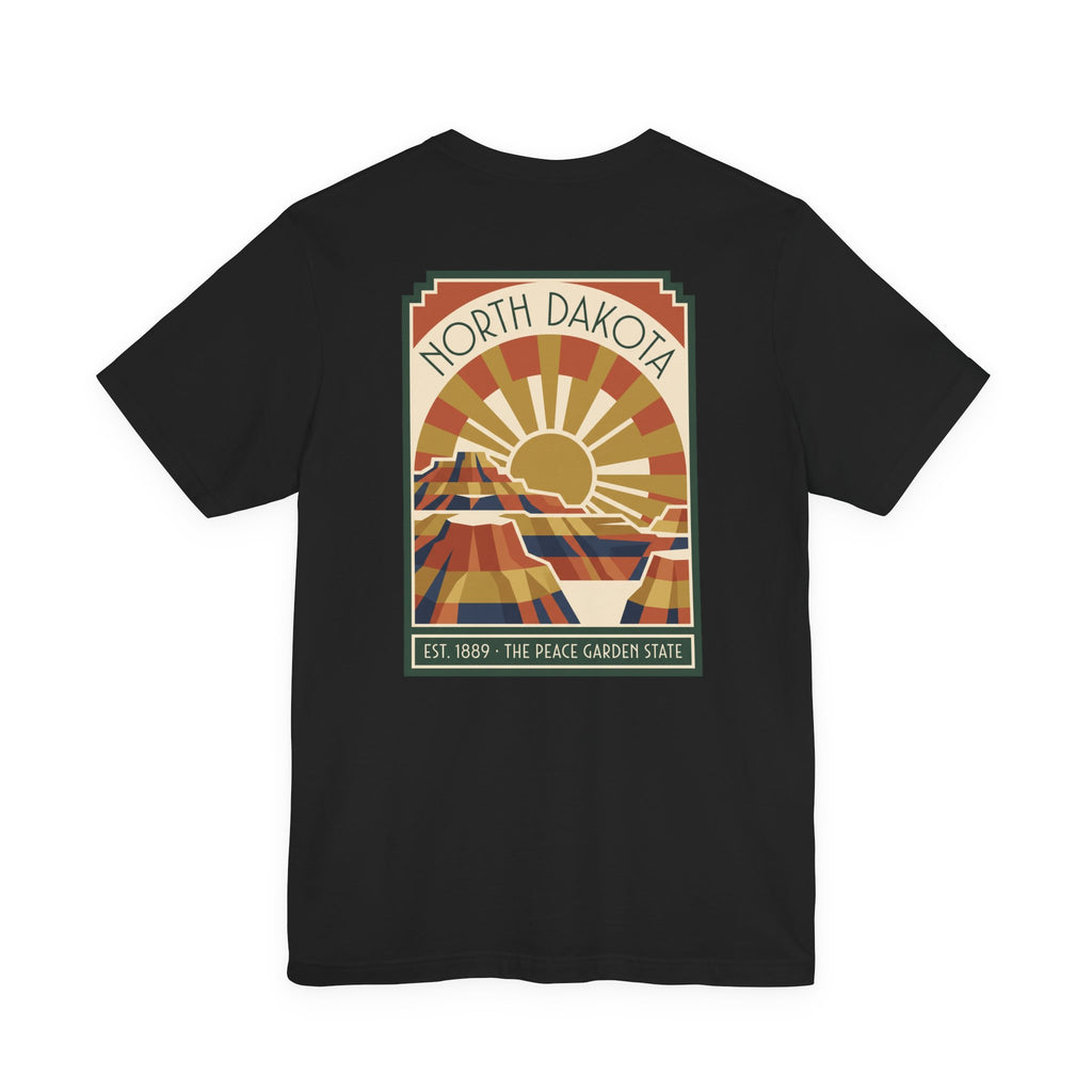 Black crewneck T-shirt with large North Dakota scene graphic centered