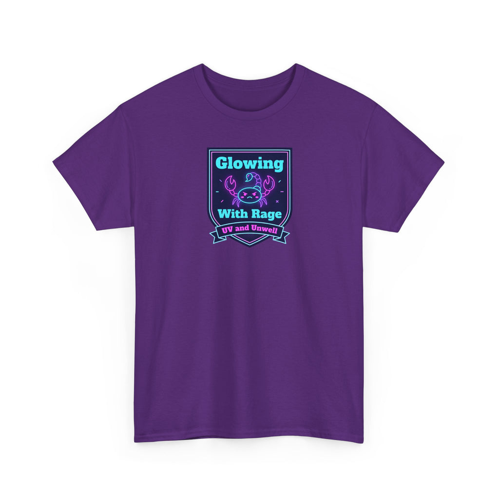 Purple graphic tee with glowing skull shield design