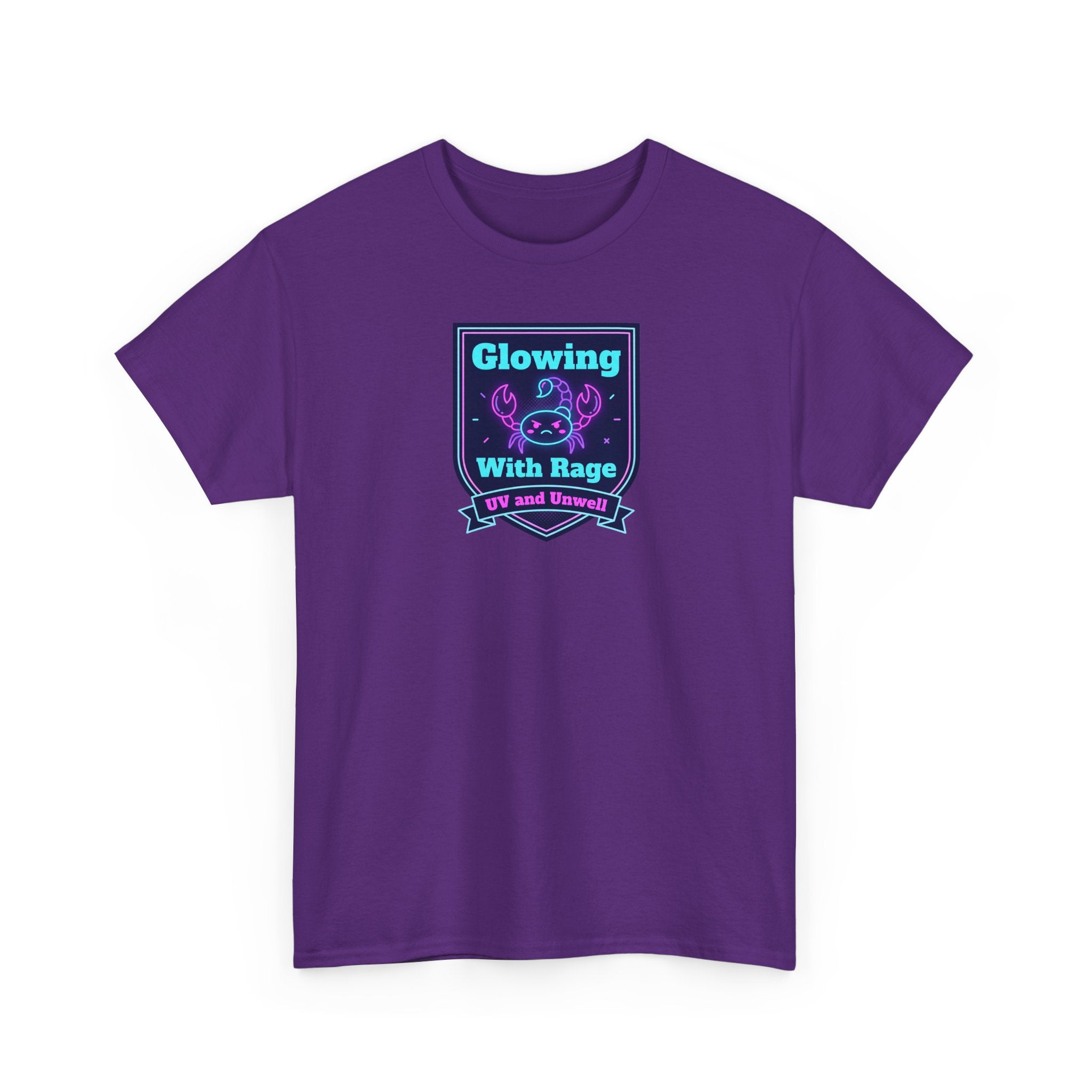 Purple graphic tee with glowing skull shield design