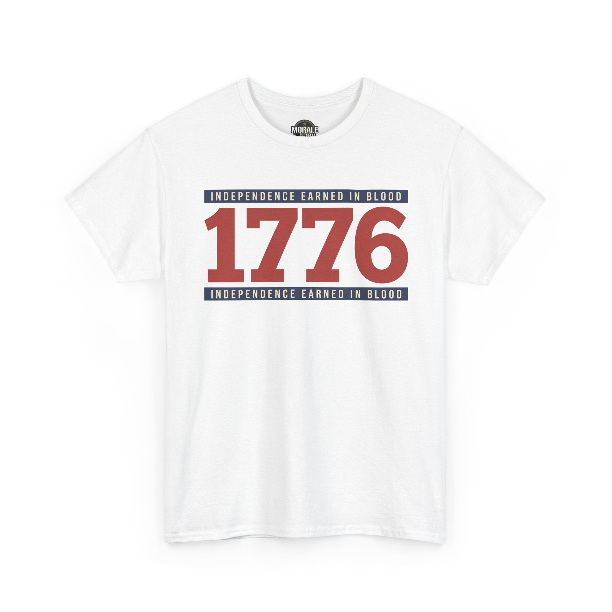 White graphic t-shirt with “1776” Independence earned in blood print