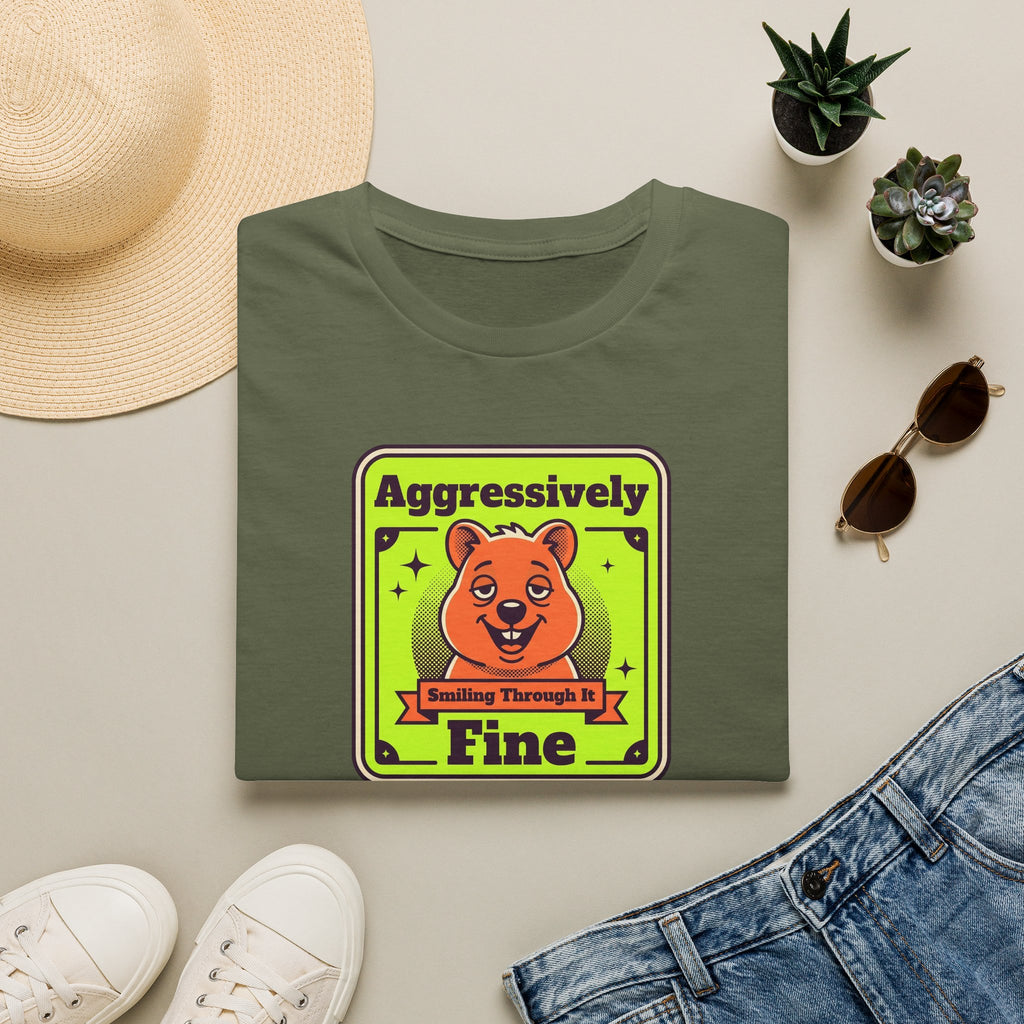Olive green T-shirt with neon-style cartoon bear graphic and green-yellow text on front