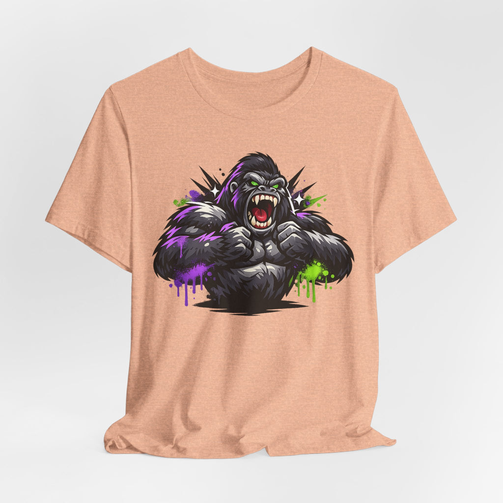 Peach unisex crew-neck tee featuring a roaring gorilla face graphic in purple and green.