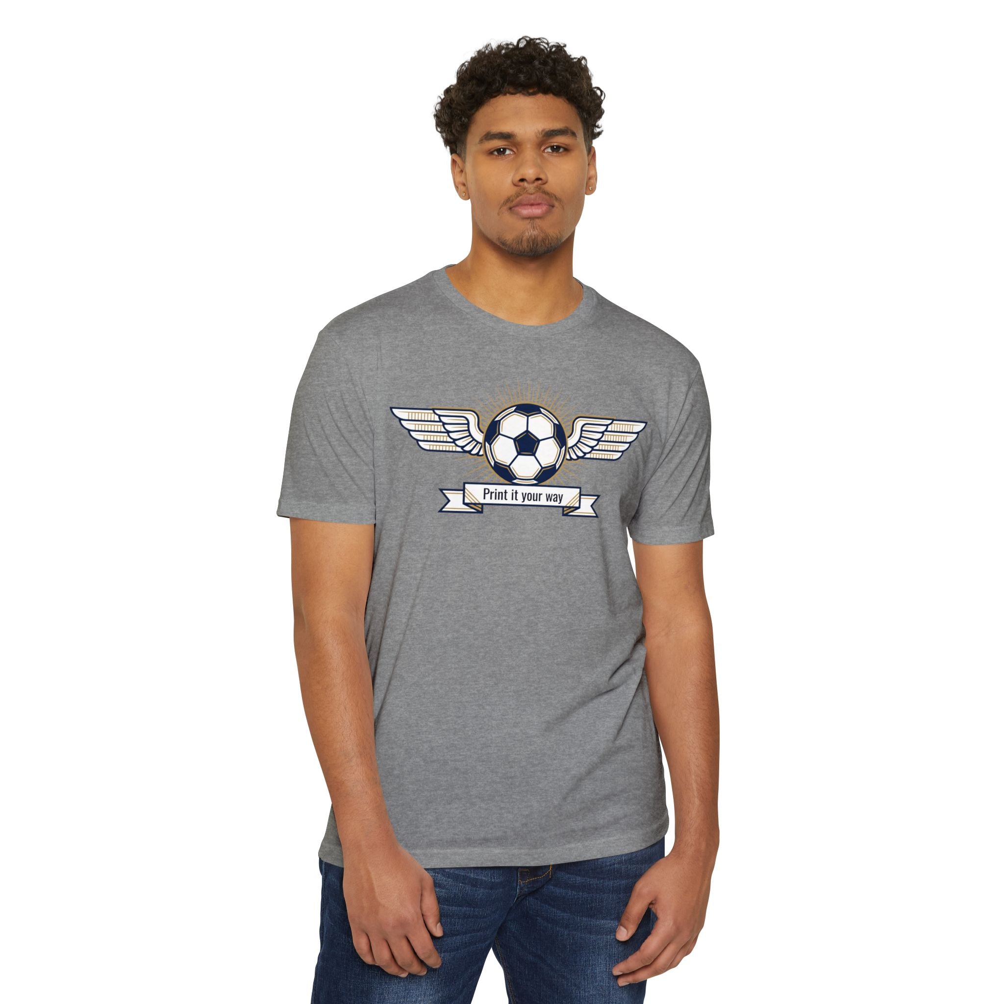 Heather gray soccer T-shirt with winged soccer emblem graphic across chest.