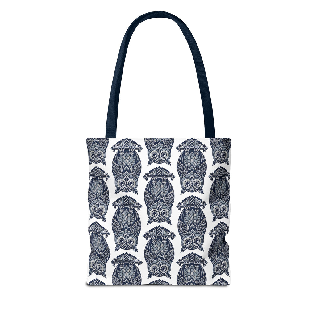 Tote bag with navy handles and repeating navy owl pattern on white fabric