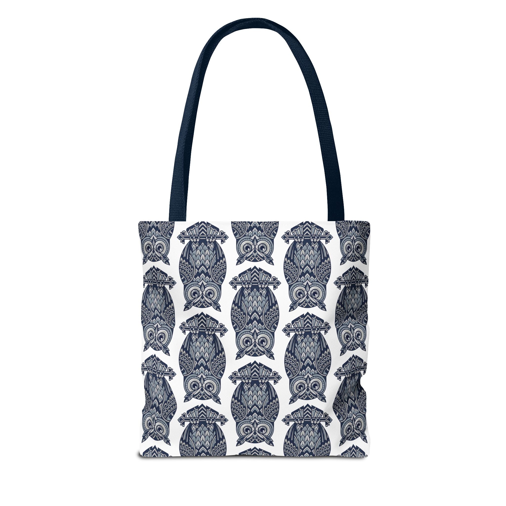 Tote bag with navy handles and repeating navy owl pattern on white fabric
