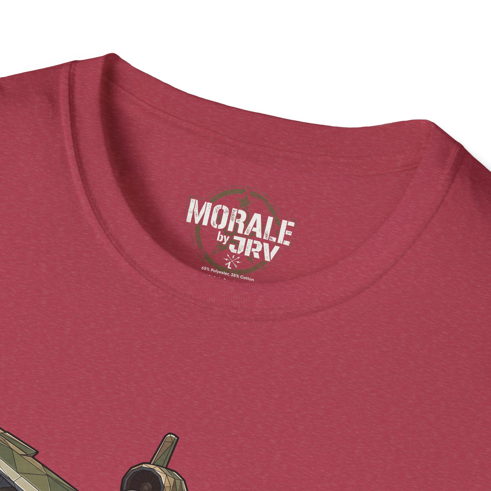 Maroon crewneck T-shirt with “MORALE by TRV” logo at the chest