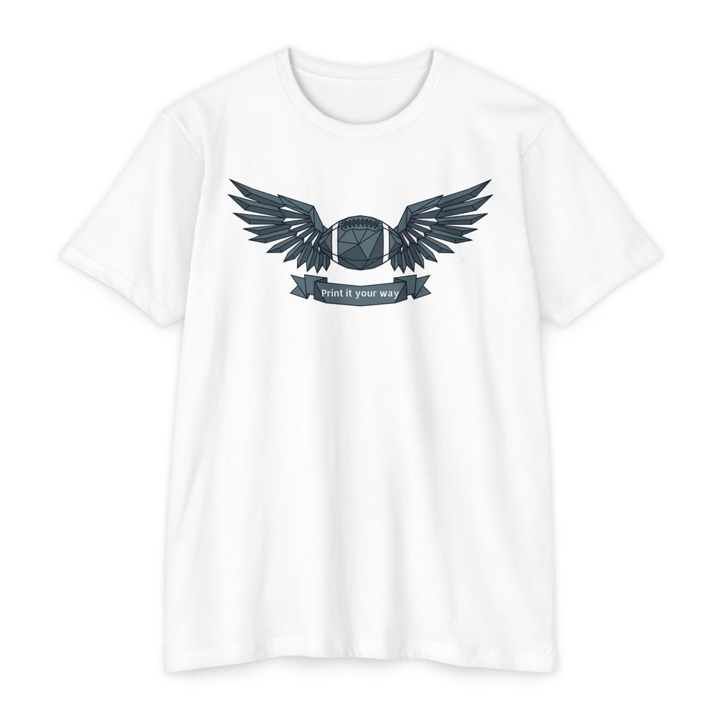 White short-sleeve T-shirt with winged camera emblem graphic