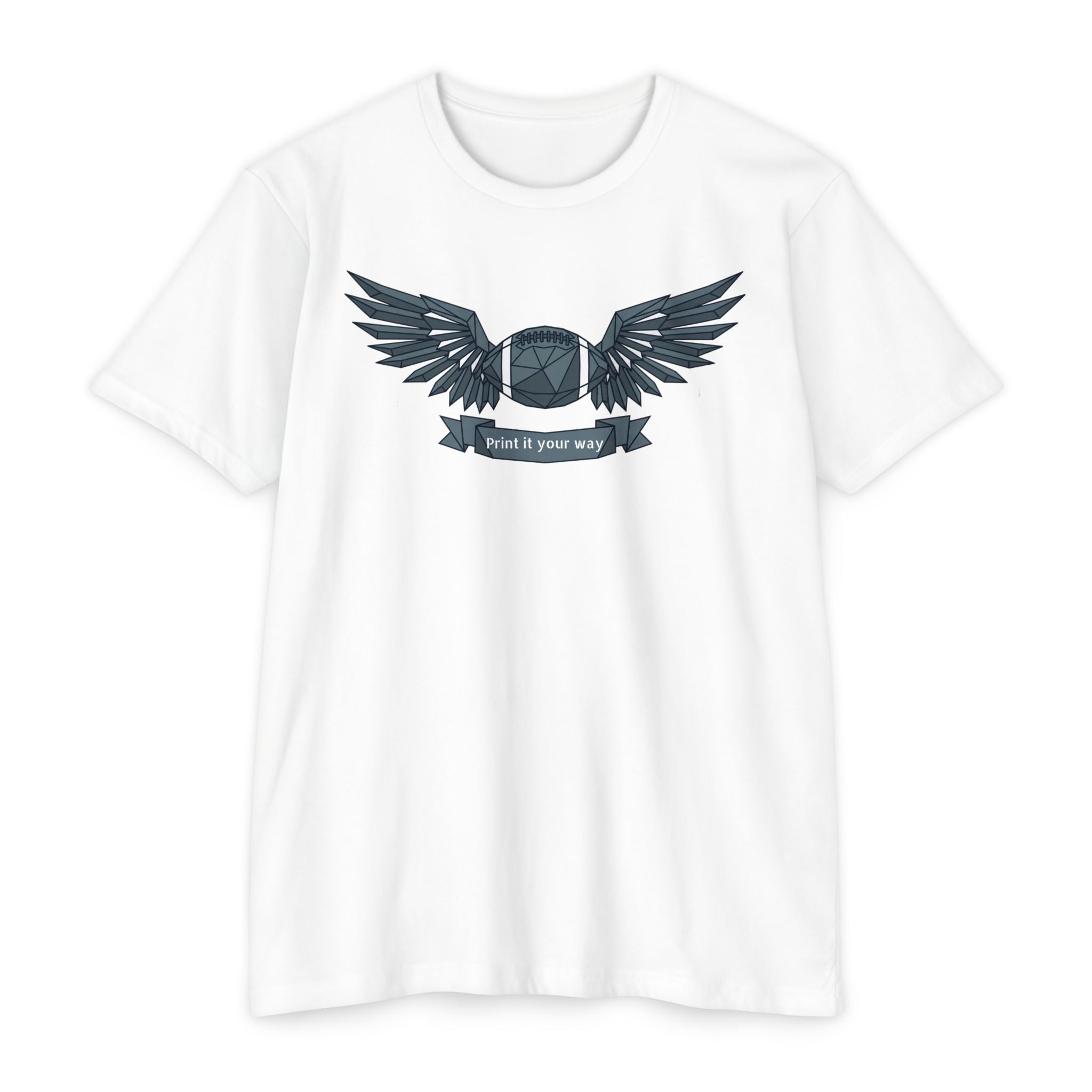 White short-sleeve T-shirt with winged camera emblem graphic