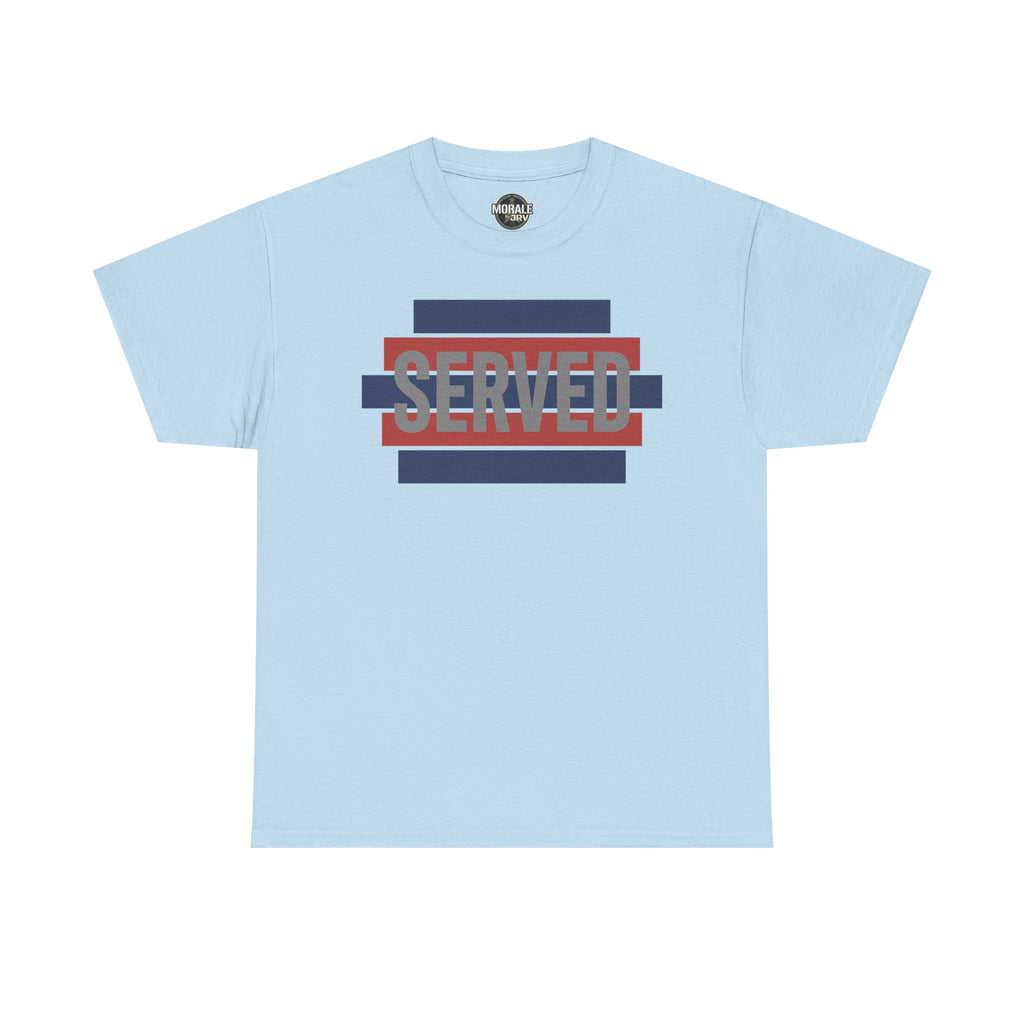 Light blue T-shirt with “SERVED” graphic in red and blue stripes at center chest