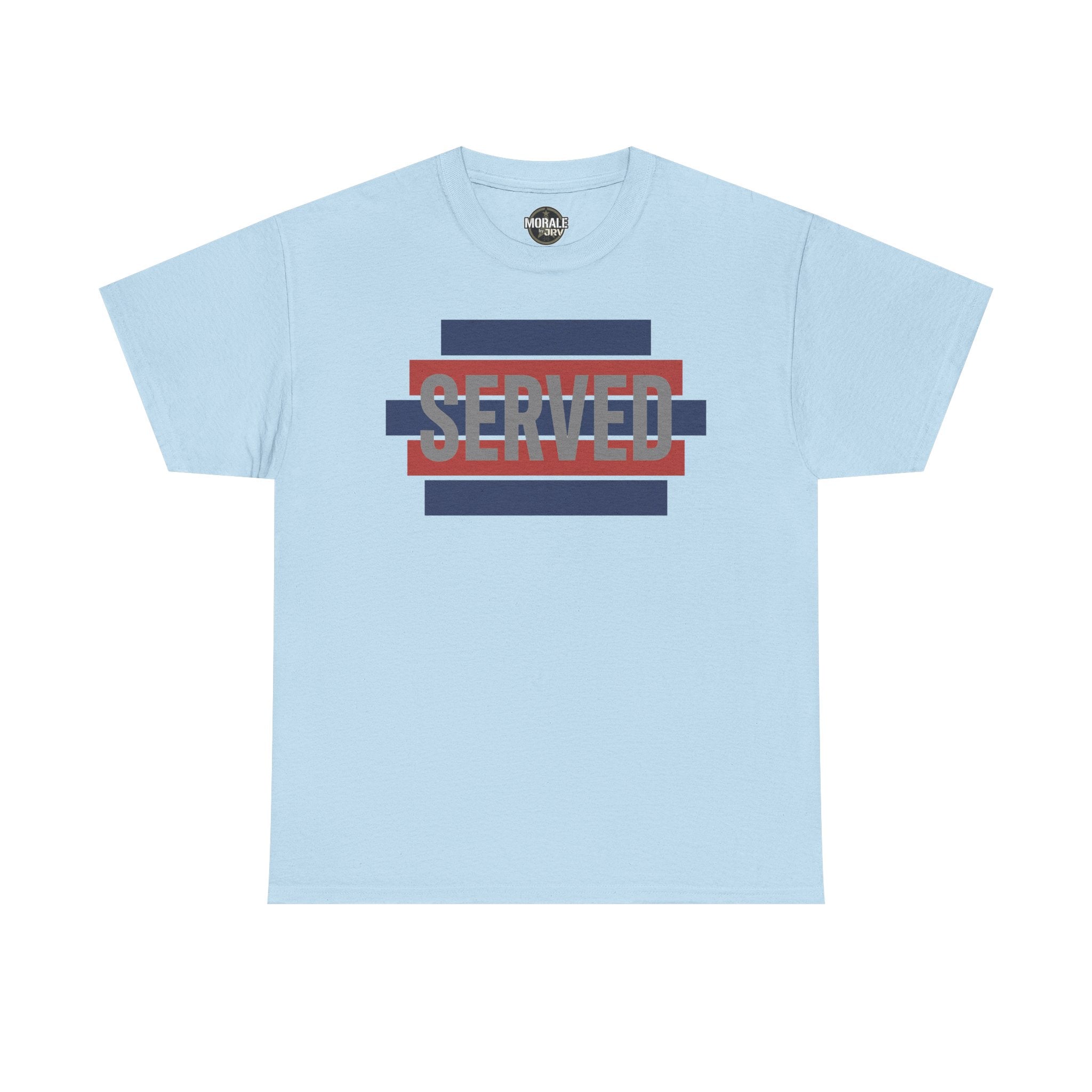 Light blue T-shirt with “SERVED” graphic in red and blue stripes at center chest