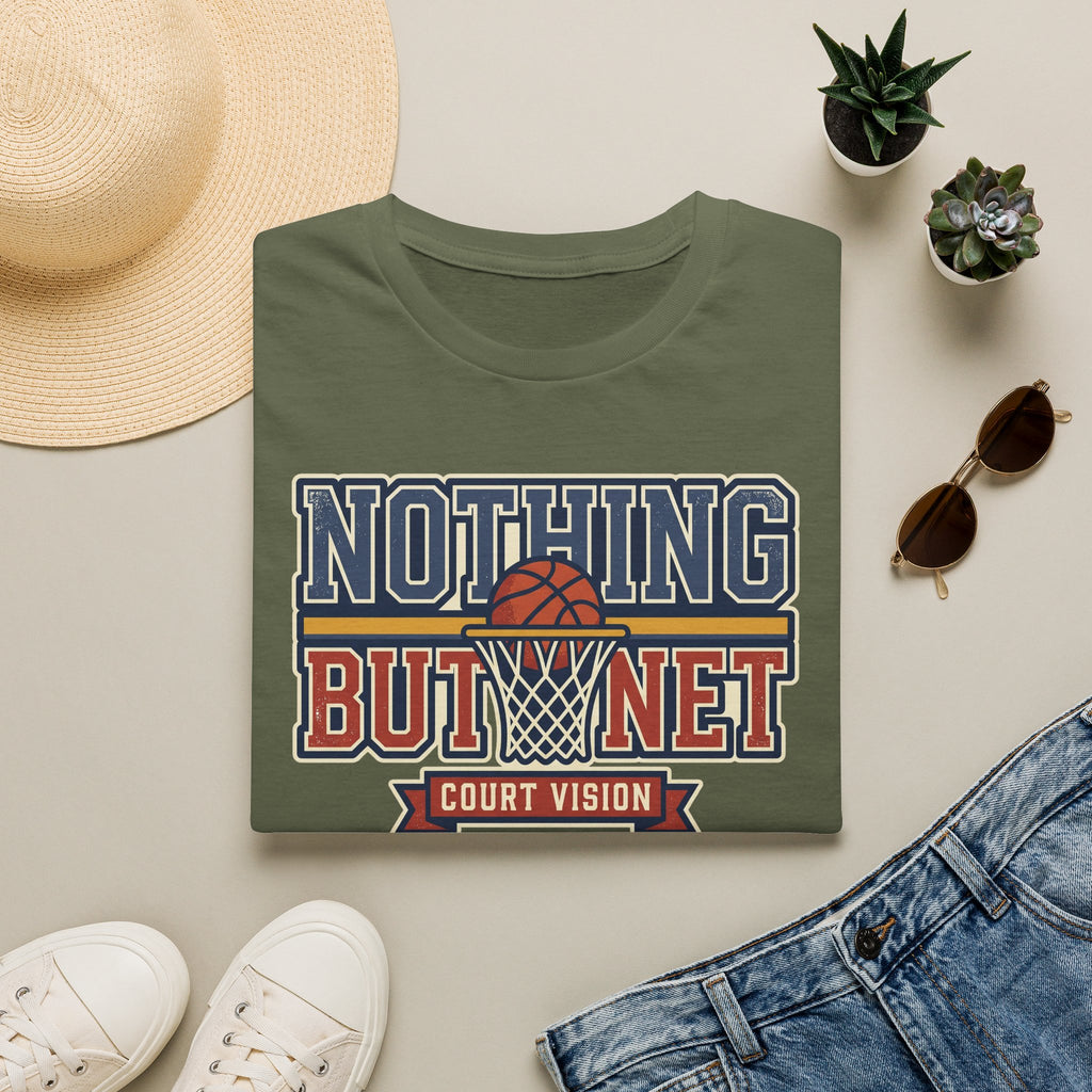 Olive green basketball T-shirt with “Nothing But Net” court vision graphic on front.