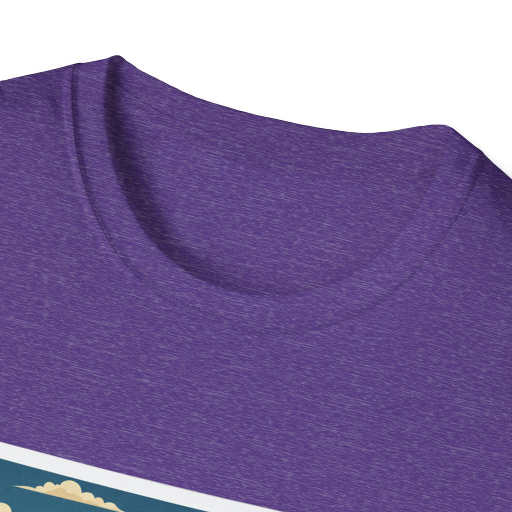 Heather purple T-shirt neckline, partial “I am KANSAS” design