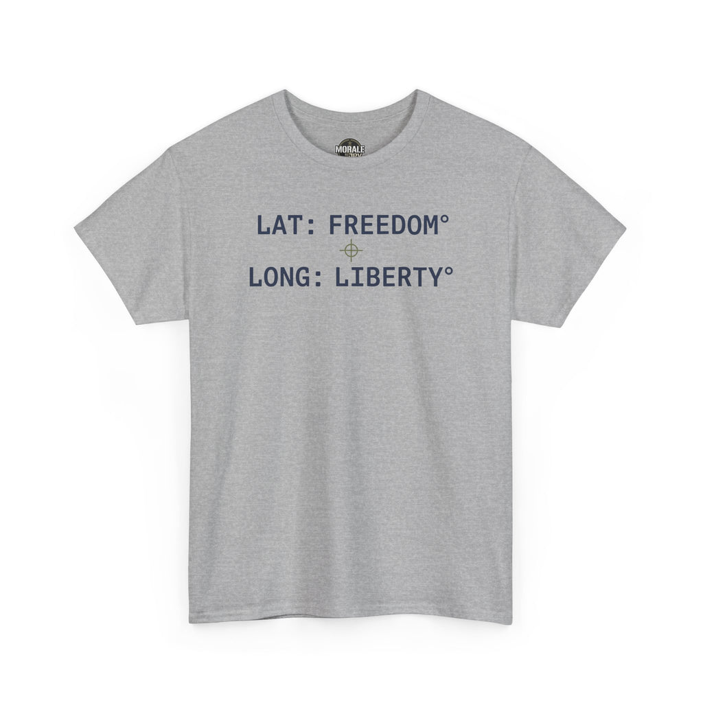 Sport grey crew neck T-shirt with blue coordinate text on front.