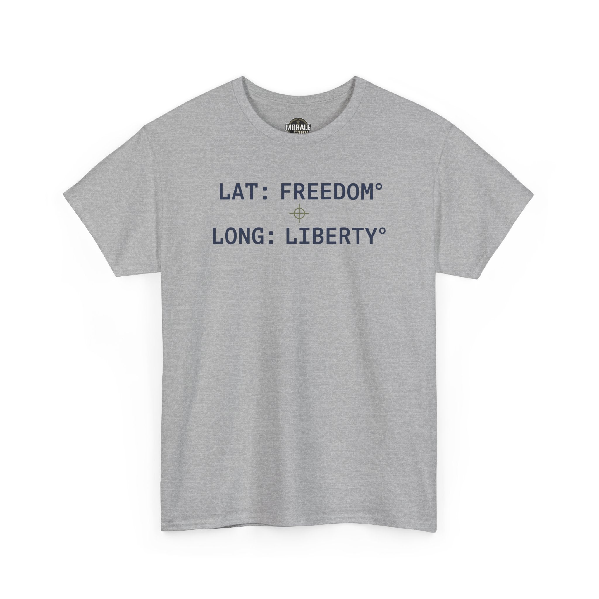 Sport grey crew neck T-shirt with blue coordinate text on front.