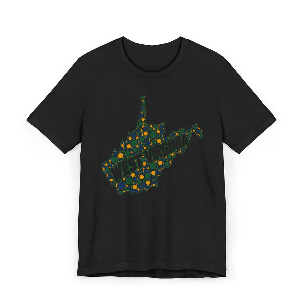 Black West Virginia floral map graphic T-shirt with dotted dotted state outline