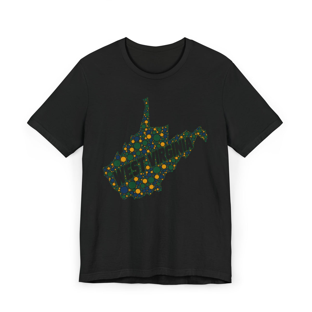 Black West Virginia floral map graphic T-shirt with dotted dotted state outline