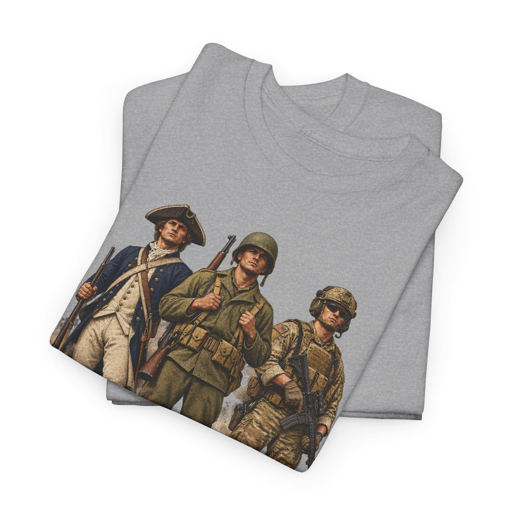 Gray T-shirt with vintage soldiers graphic on front, crew neck short sleeves.
