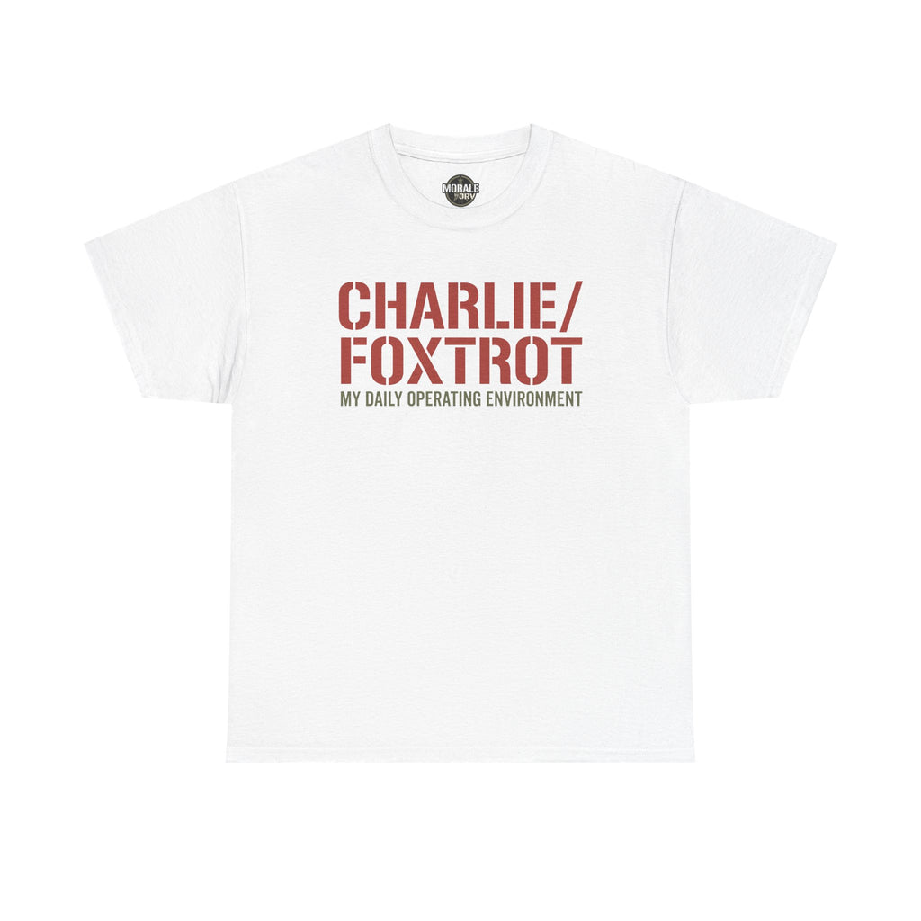 White T-shirt with “CHARLIE/FOXTROT” slogan and “MY DAILY OPERATING ENVIRONMENT” print