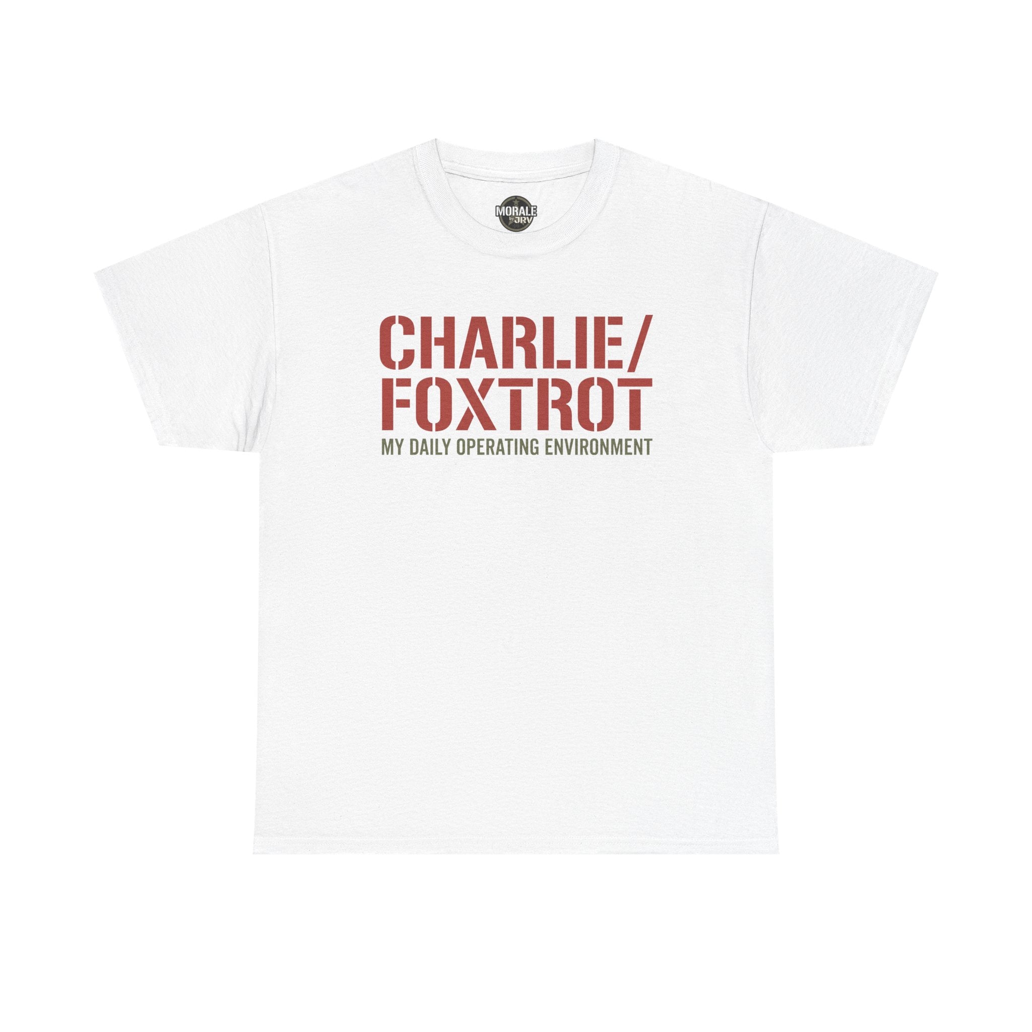 White T-shirt with “CHARLIE/FOXTROT” slogan and “MY DAILY OPERATING ENVIRONMENT” print
