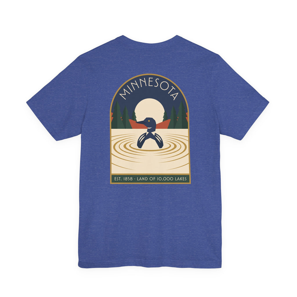 Royal blue art deco T-shirt with Minnesota loon lake graphic emblem on front