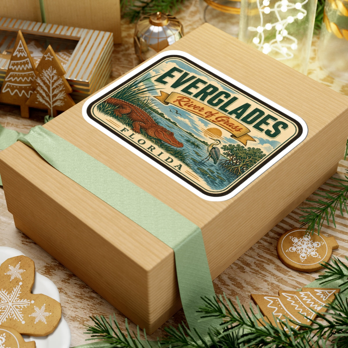 Everglades River of Grass Florida travel sticker on a wrapped gift box, angled.