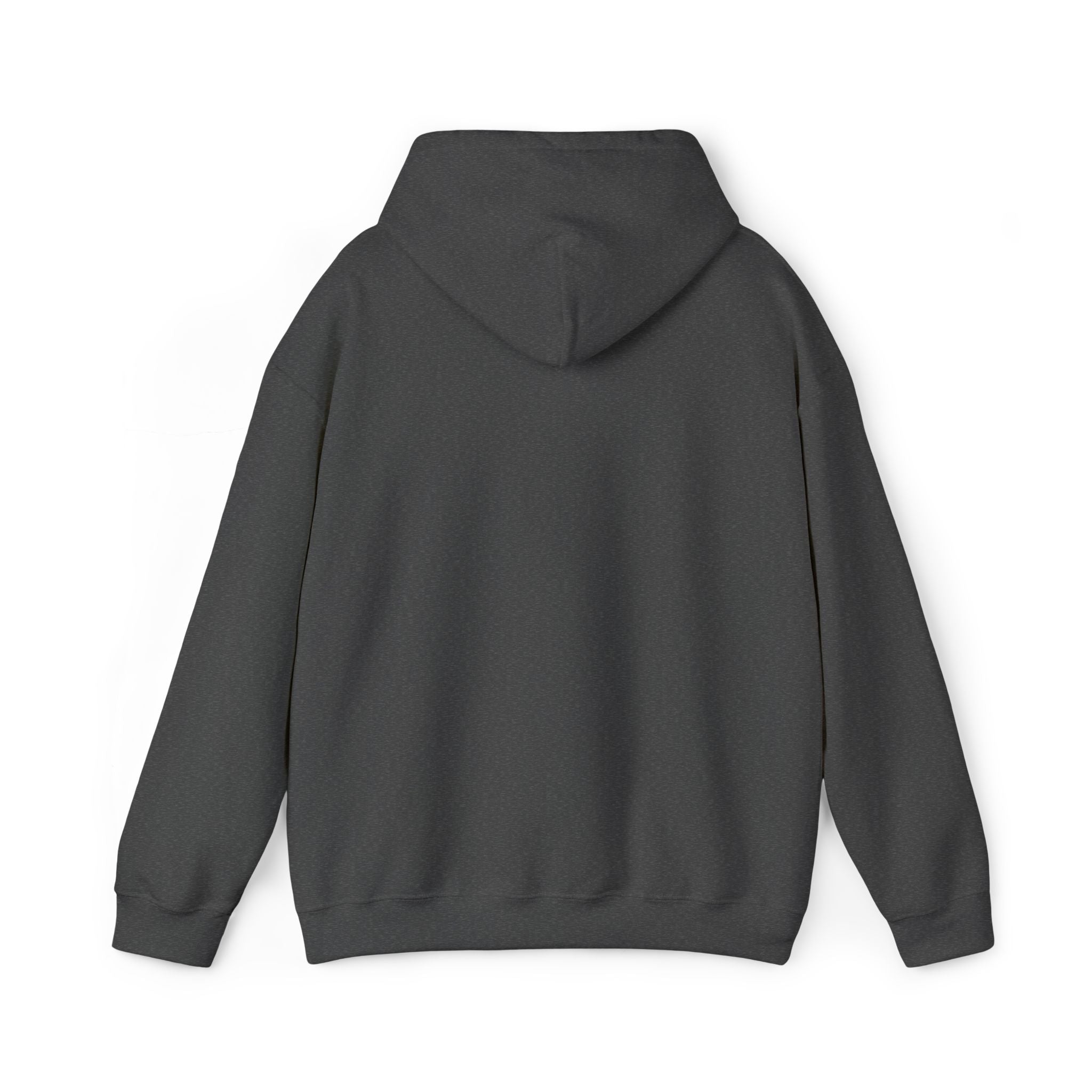 Dark gray unisex hoodie with hood and long sleeves, back view