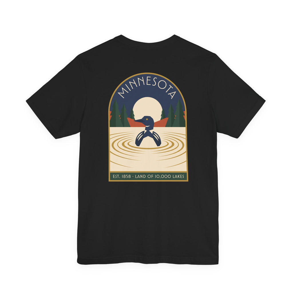 Black T-shirt with centered square Minnesota logo featuring a loon and water ripples