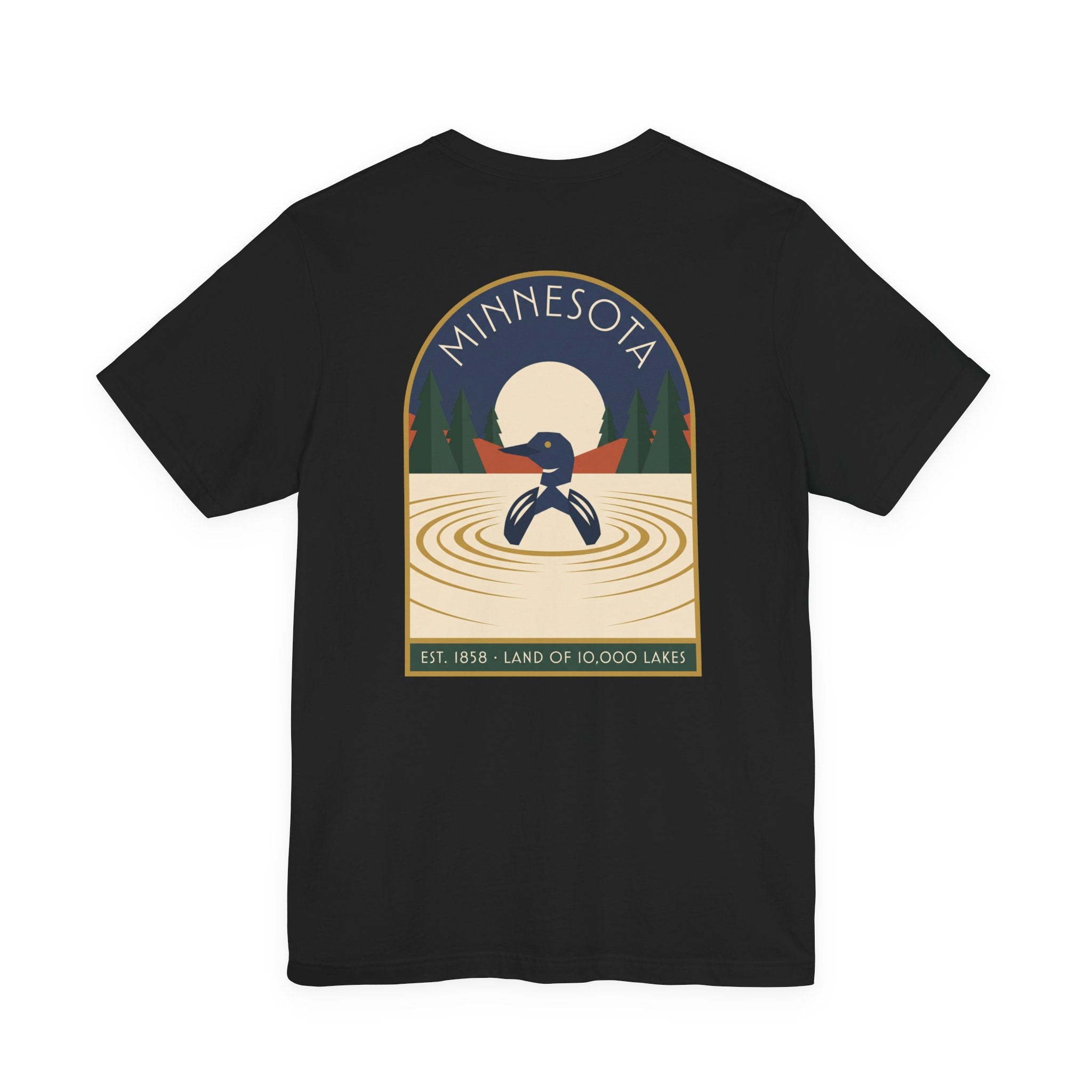 Black T-shirt with centered square Minnesota logo featuring a loon and water ripples