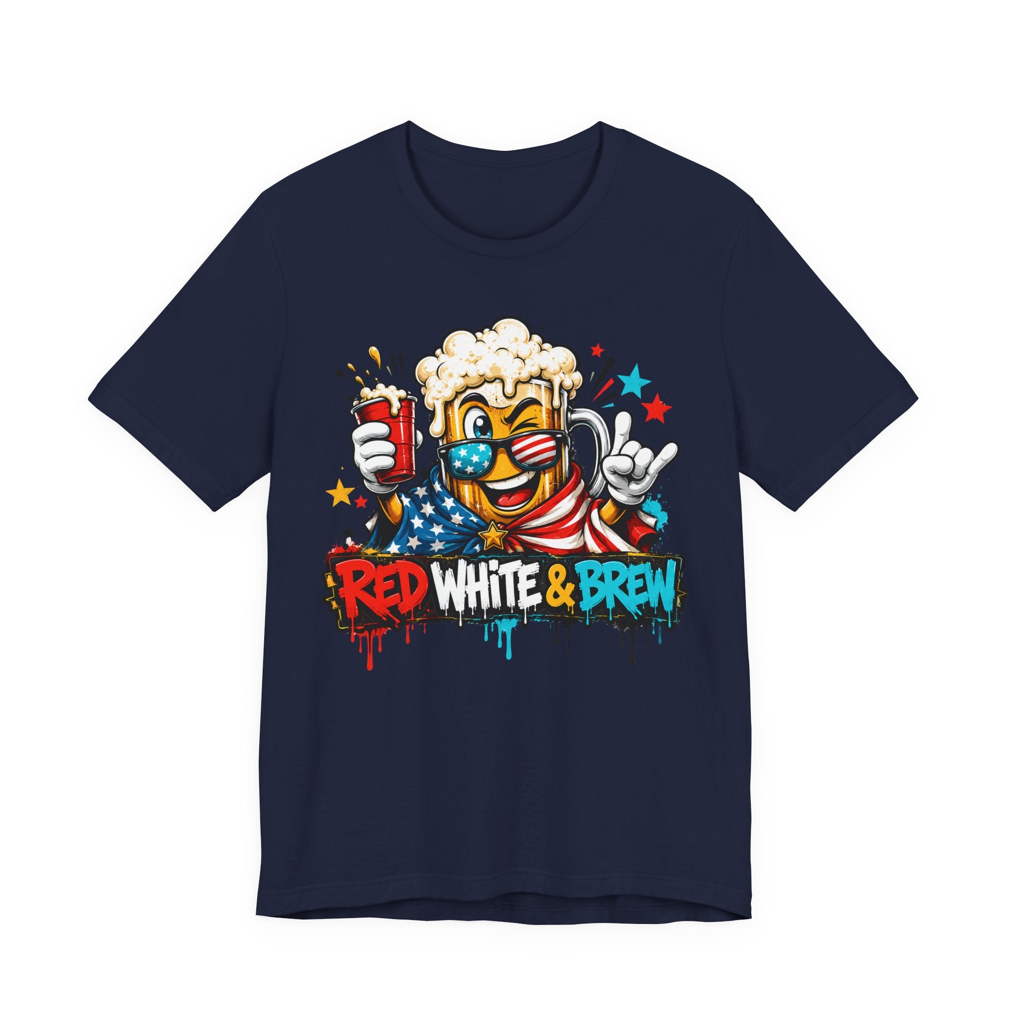 Navy T-shirt with colorful beer mascot and “Red White & Brew” graphic