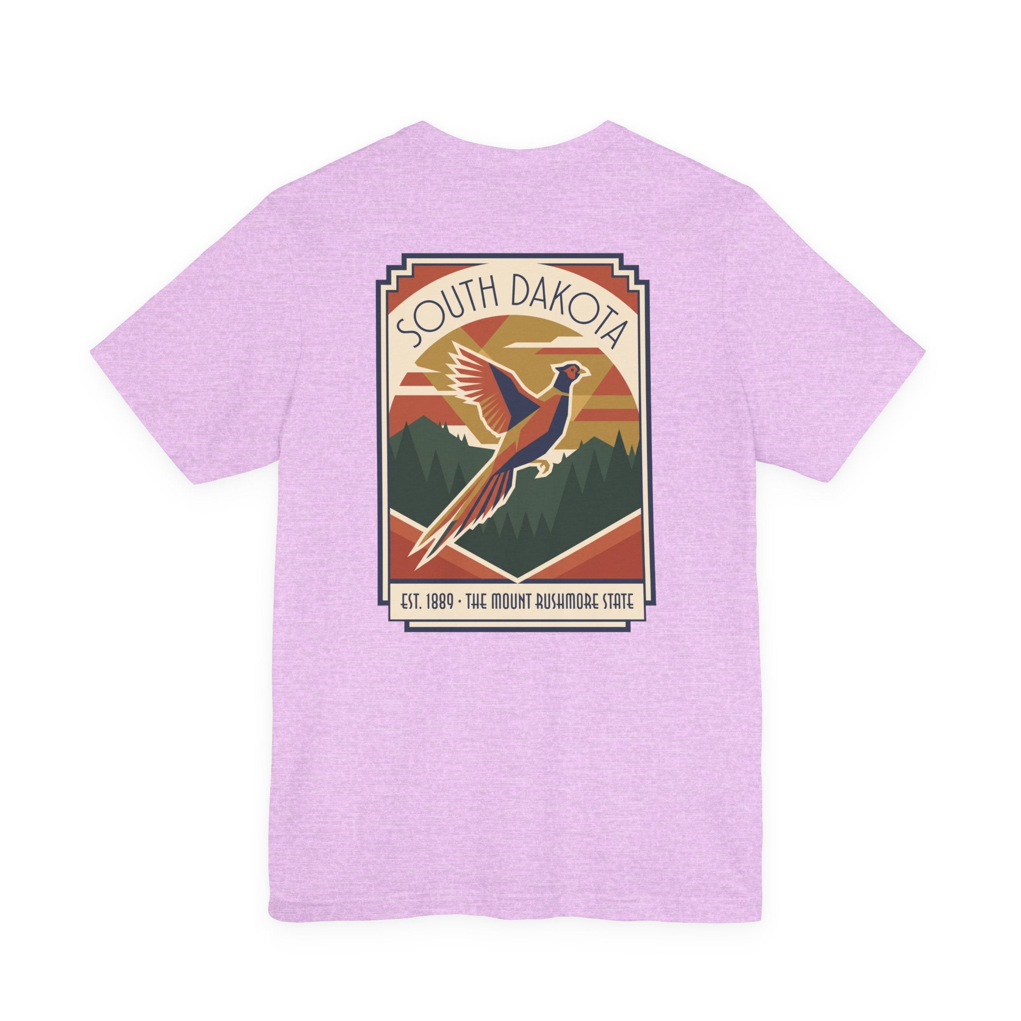 Lavender t-shirt with South Dakota art deco pheasant graphic print