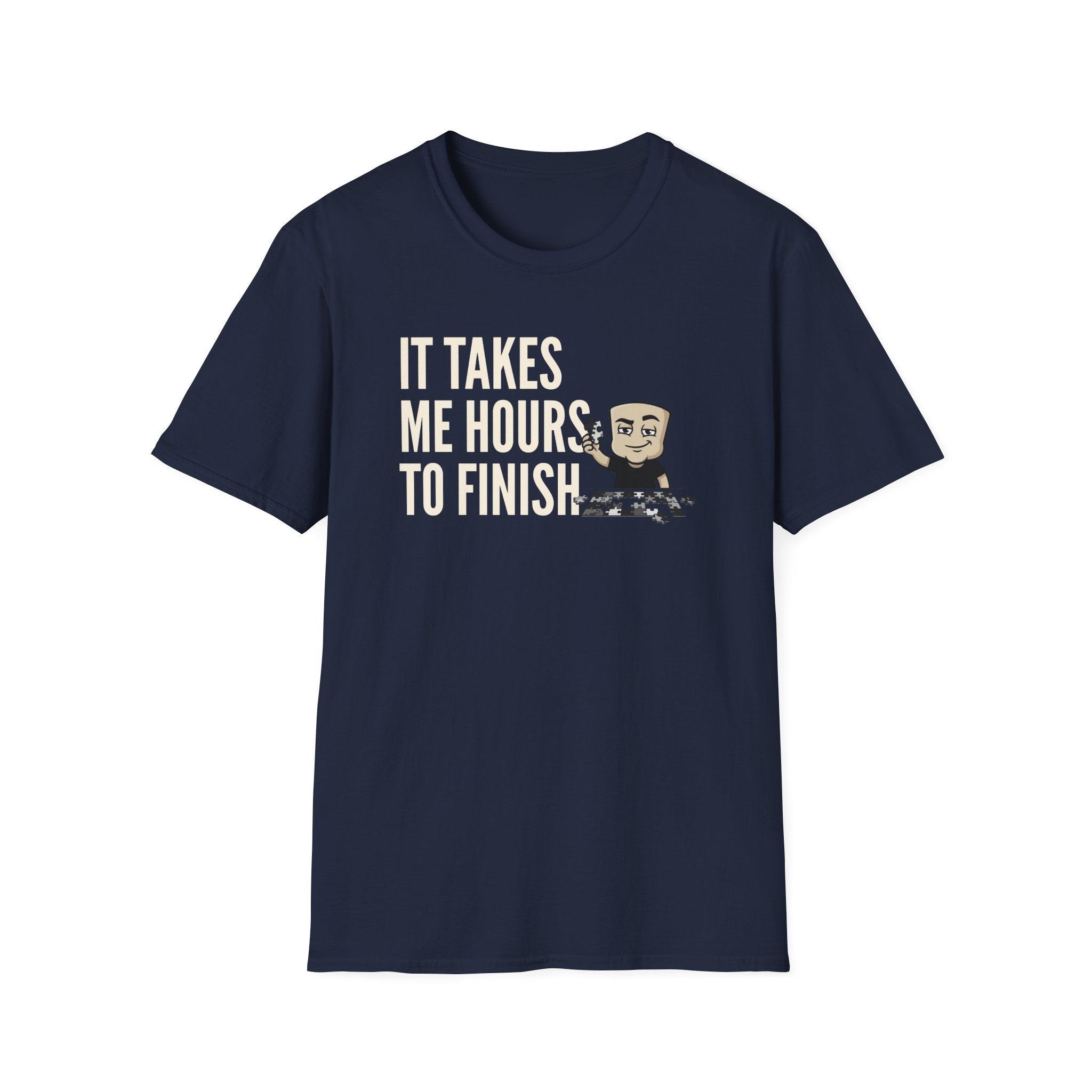 Navy T-shirt with "IT TAKES ME HOURS TO FINISH" jigsaw graphic