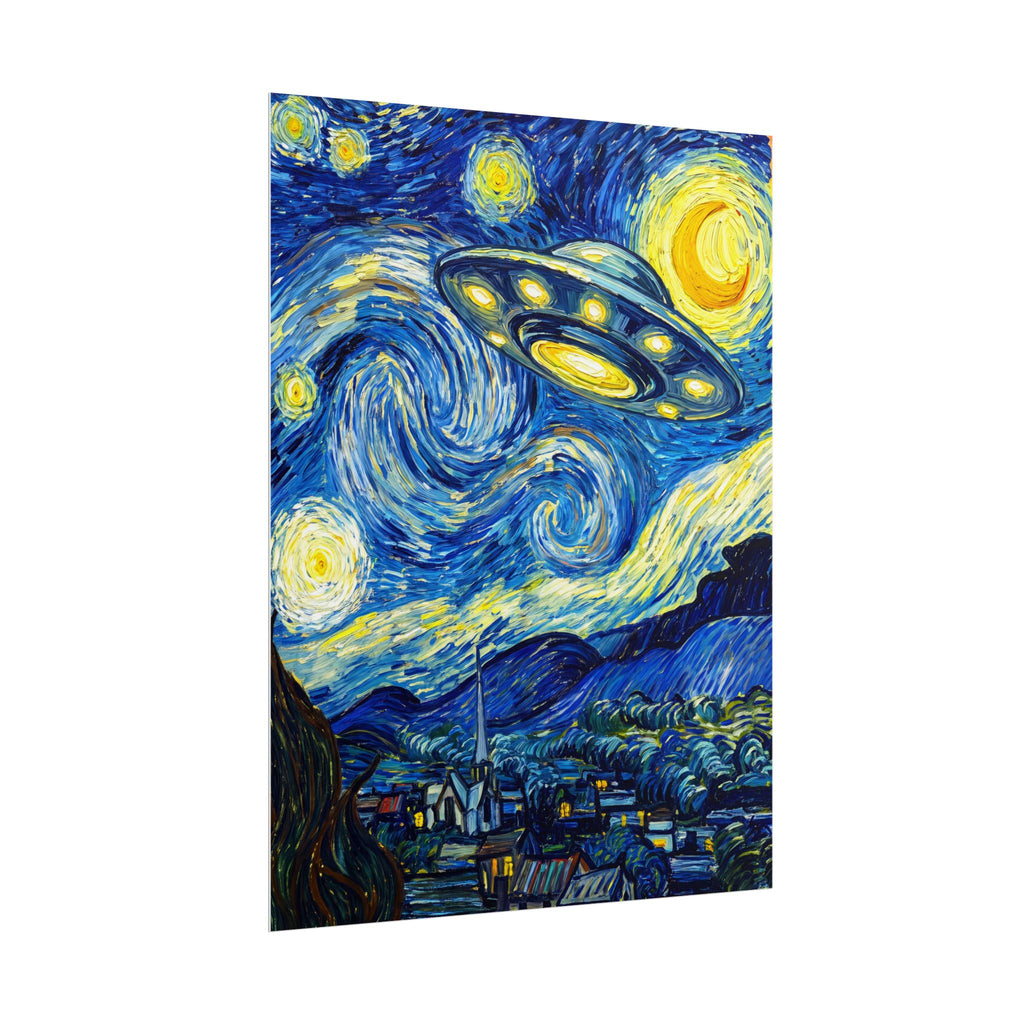 Portrait starry space art print with a UFO above swirling waves of blue and yellow