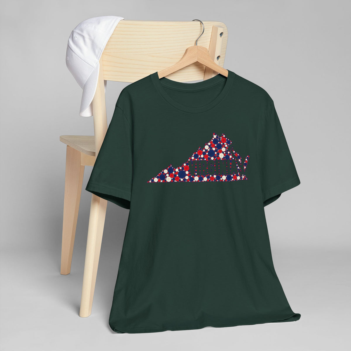 Dark green crew-neck t-shirt with multicolor dotted Virginia graphic on chest