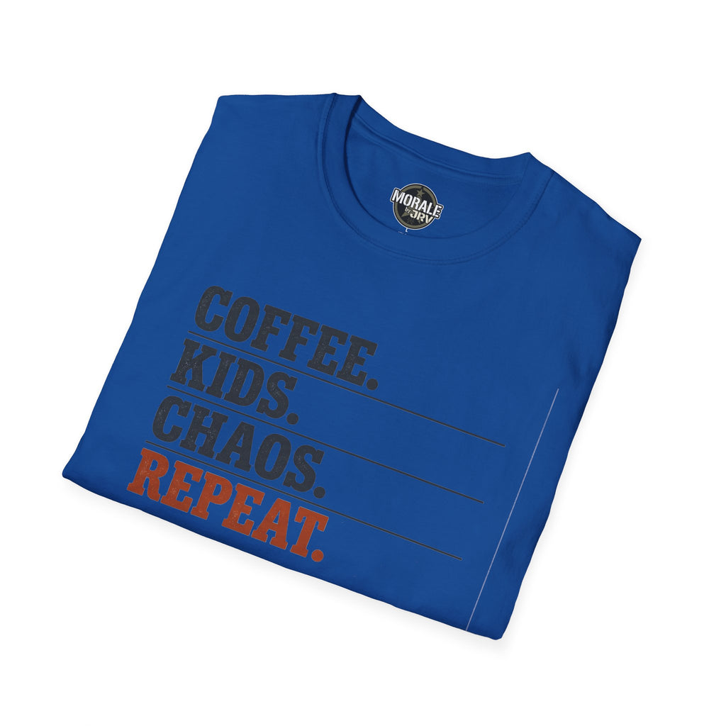 Royal blue T-shirt front text: “COFFEE. KIDS. CHAOS. REPEAT.”