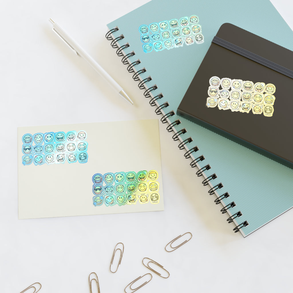 Emoji face sticker sheet with die-cut expressions, blue outline icons on white sheet