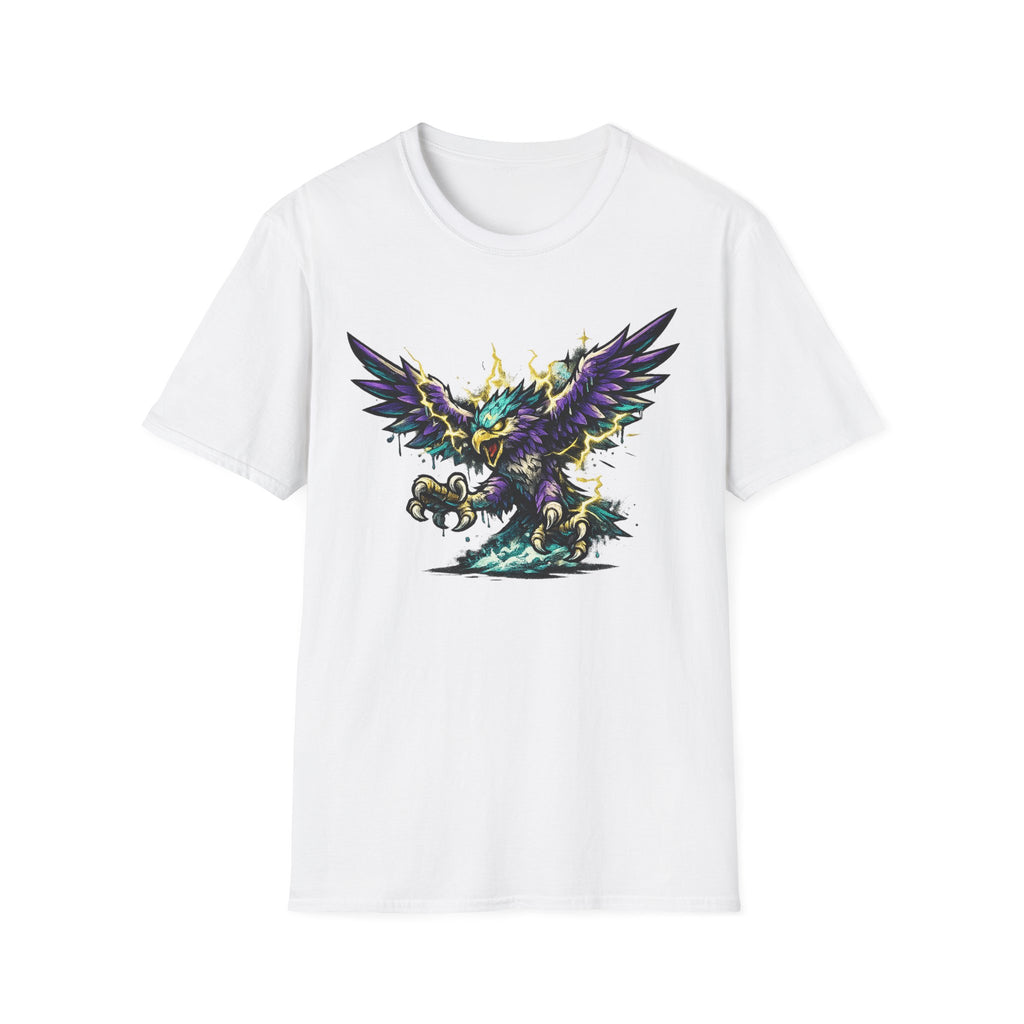 White crewneck t-shirt with colorful lightning thunderbird graphic, front view.