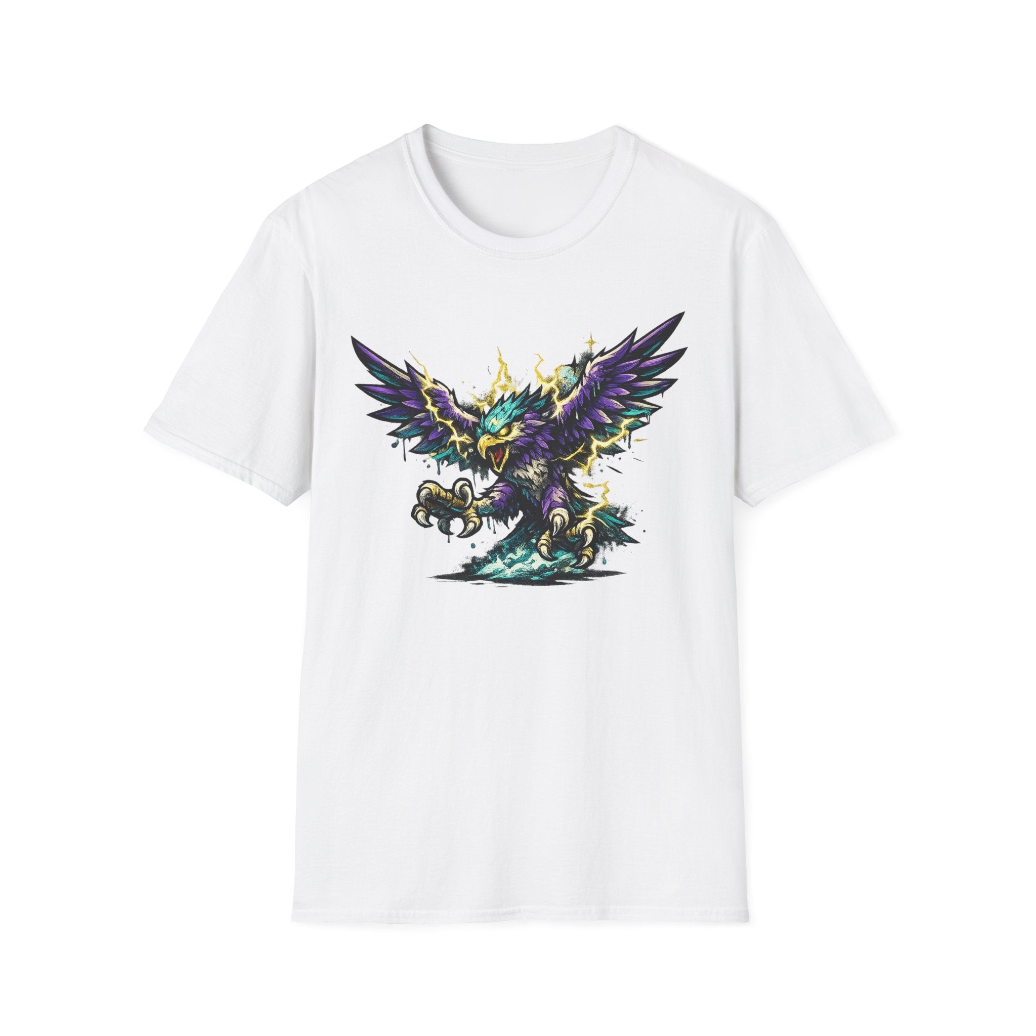 White crewneck t-shirt with colorful lightning thunderbird graphic, front view.