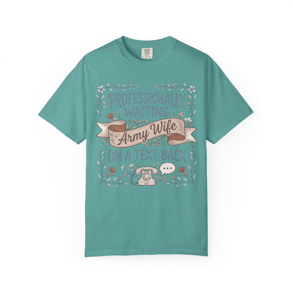 Teal crew-neck T-shirt with floral “Professionally waiting” text and chat icons