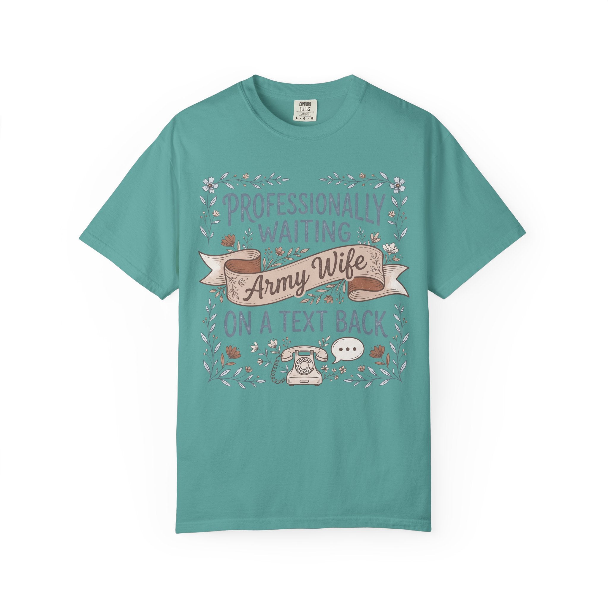 Teal crew-neck T-shirt with floral “Professionally waiting” text and chat icons