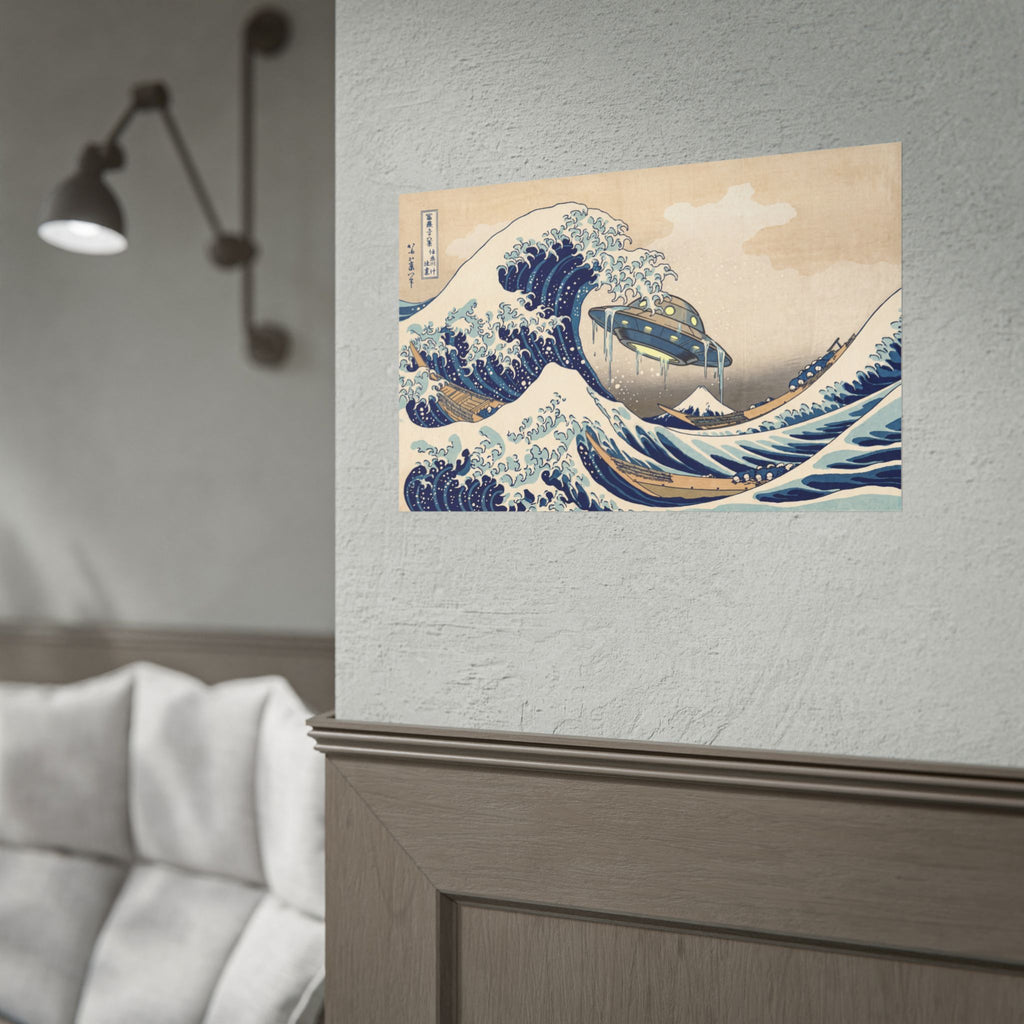 Wall decor poster featuring blue waves and UFO craft illustration on beige background
