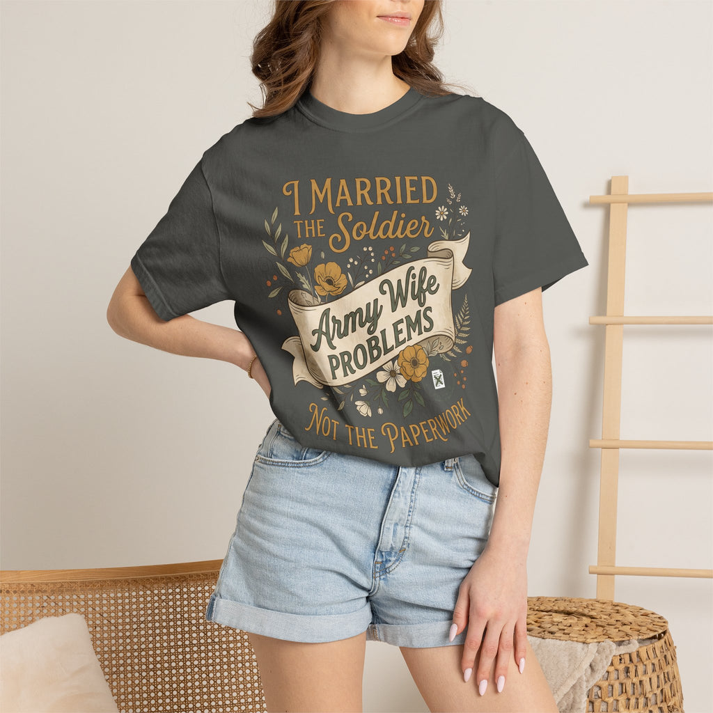 Charcoal crewneck T-shirt worn by model, 'Army Wife Problems' graphic front