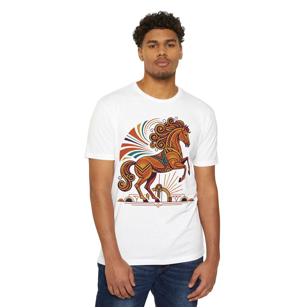 White crewneck T-shirt with colorful prancing horse graphic and sunburst rays on front