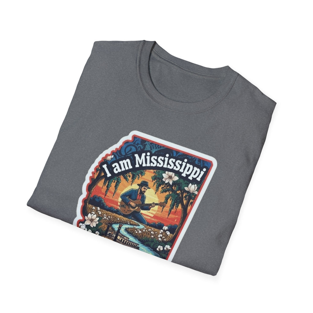I am Mississippi T-shirt in heather grey, front graphic badge with “I am Mississippi” text