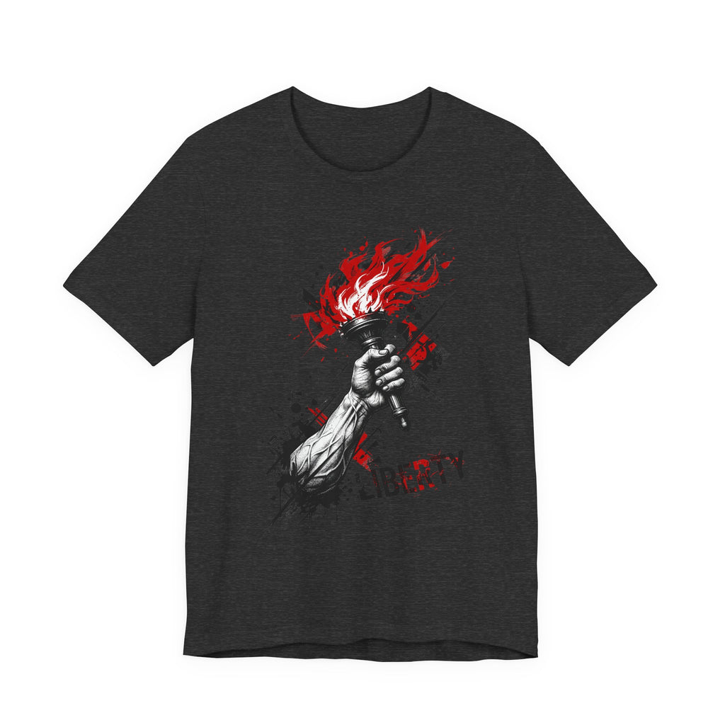 Dark charcoal crewneck T-shirt with flaming torch statue graphic and distressed “LIBERTY” text