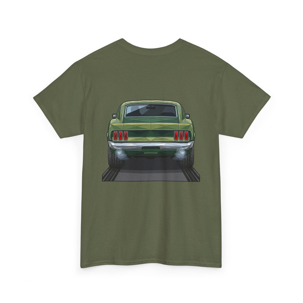Olive green T-shirt with rear vintage muscle car graphic