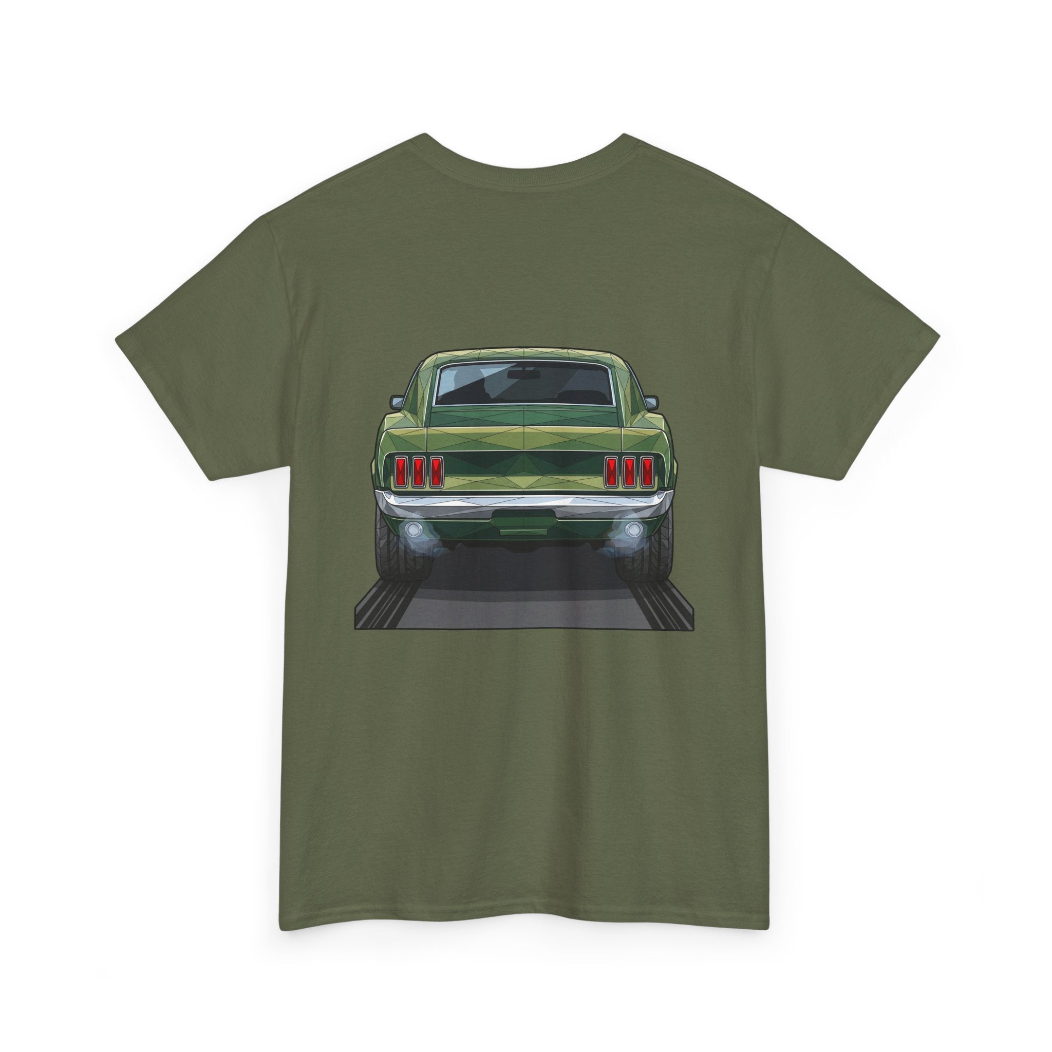 Olive green T-shirt with rear vintage muscle car graphic