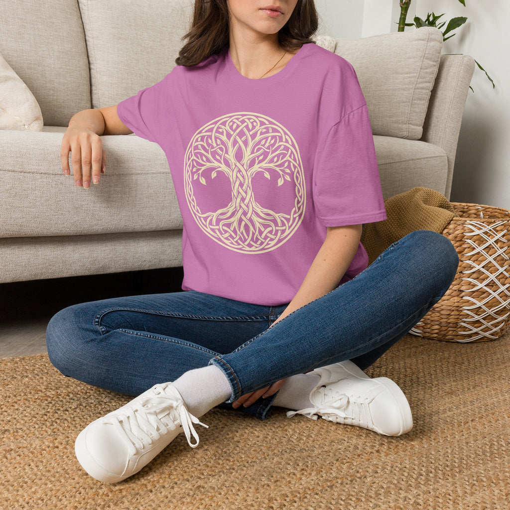Celtic Tree of Life t-shirt in lavender with light pink circular knotwork graphic