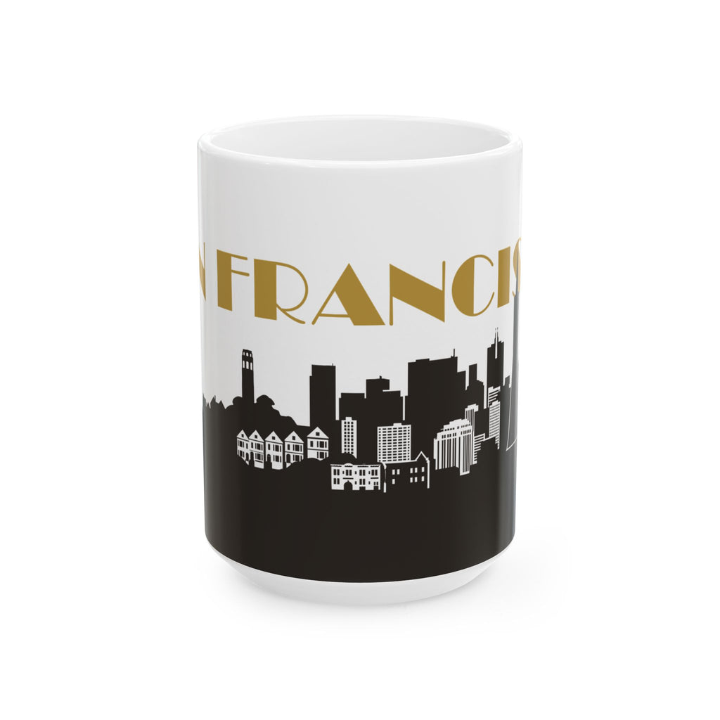 Ceramic mug with 'FRANCISCO' skyline print and gold lettering on black base