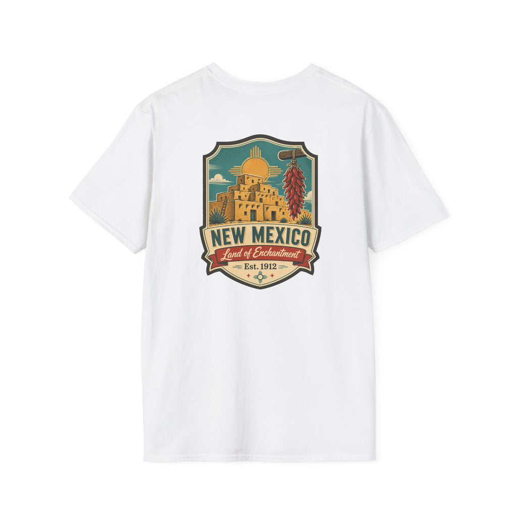 White New Mexico graphic T-shirt with round crest chest print